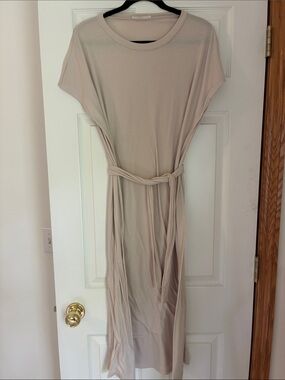 Mango Beige Ribbed Midi Dress with Self-Tie Belt